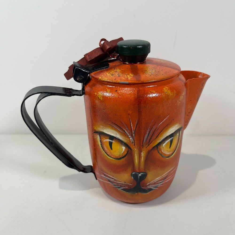 Vintage Sheila Hand Painted Cat Teapot Metal Orange Folk Art Whimsy Decor Fall
